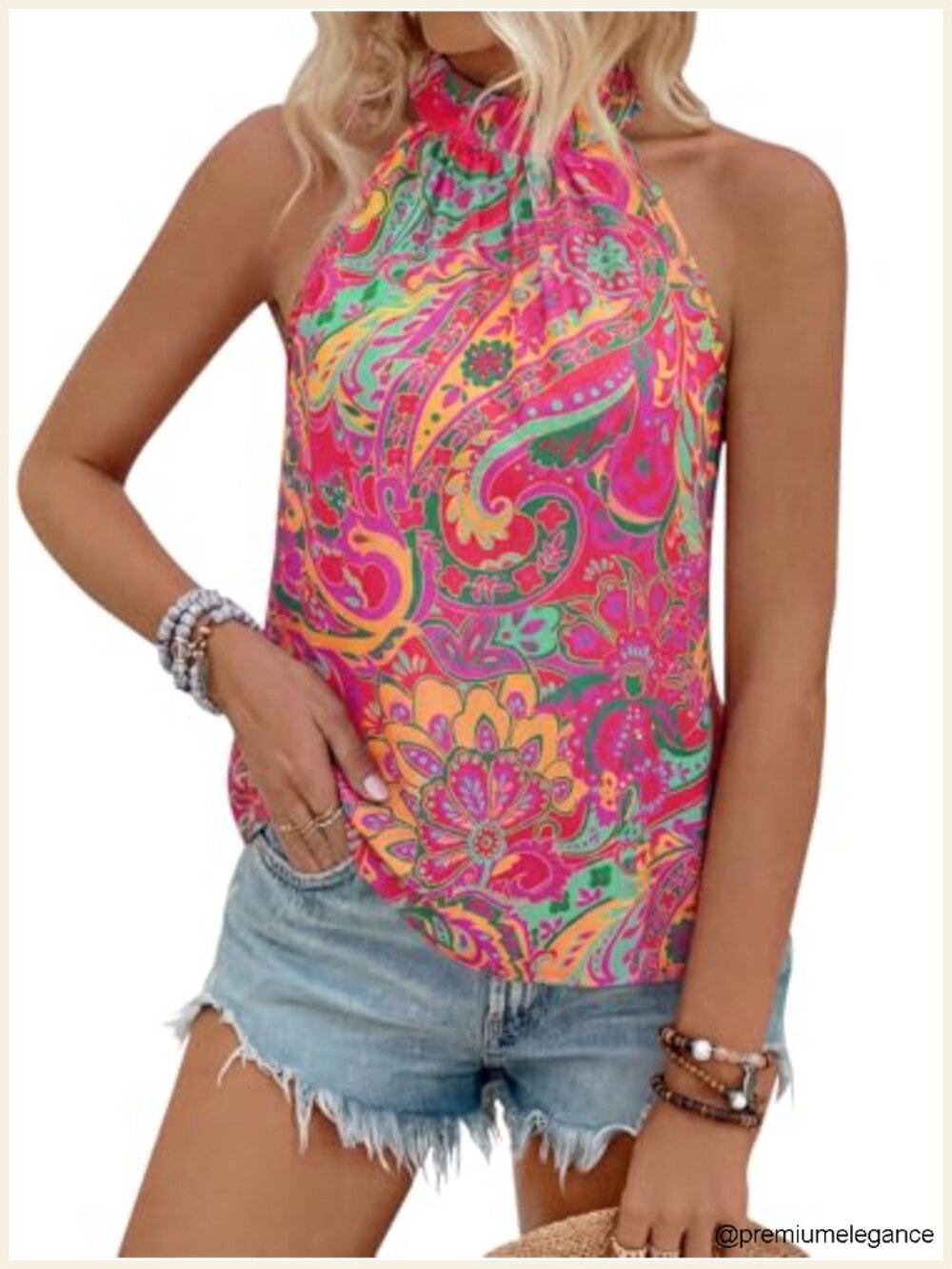 Women's Sleeveless Halter Tank Top Dressy Casual Summer Flowy Paisley Boho Y2K